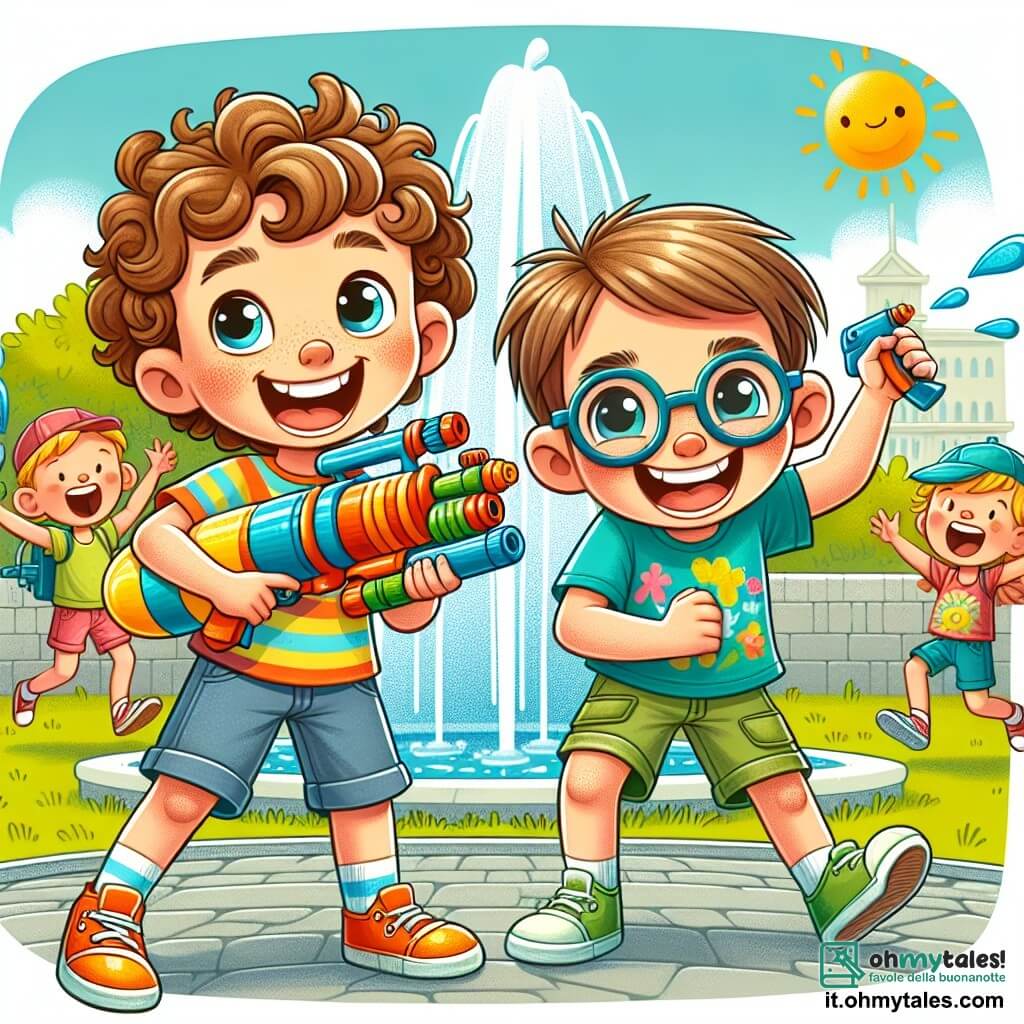 Une illustration sous forme de dessin destinée aux enfants représentant un parc ensoleillé avec une grande fontaine au centre, où un garçon de 11 ans aux cheveux bouclés et au sourire éclatant, vêtu d'un t-shirt coloré et de shorts, brandit fièrement un squirt gun fait maison, tandis que son ami, un garçon aux lunettes et aux cheveux lisses, l'encourage avec enthousiasme, tous deux entourés de rires d'autres enfants qui s'apprêtent à participer à une joyeuse bataille d'eau, symbolisant l'esprit d'aventure et de camaraderie face à un défi amusant.