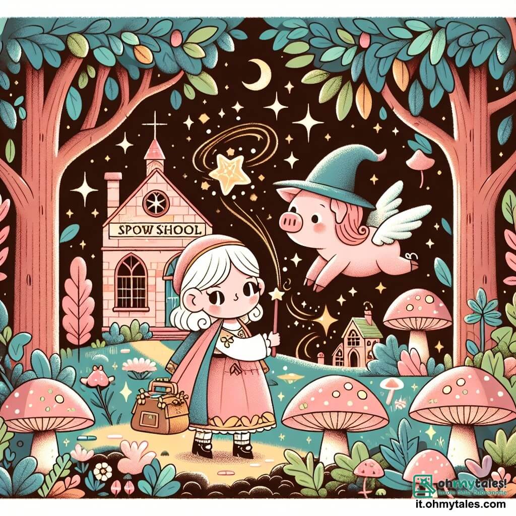Une illustration destinée aux enfants représentant une apprentie sorcière, plongée dans une situation magique et loufoque, accompagnée d'un adorable maialino volant, dans une école de magie au milieu d'une forêt enchantée, avec des arbres aux feuilles scintillantes et des champignons géants aux couleurs vives.