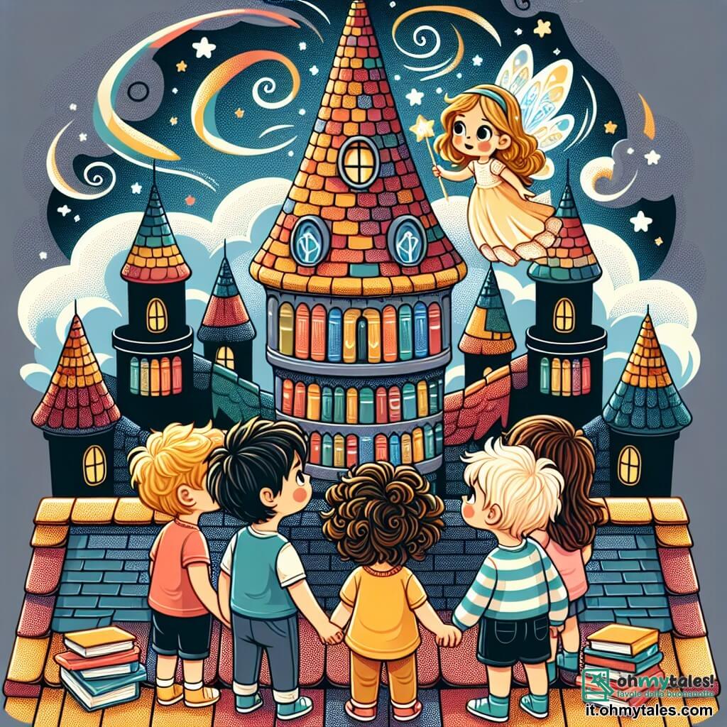 Une illustration sous forme de dessin destinée aux enfants représentant le toit d'une bibliothèque magique aux murs colorés, où un groupe de quatre enfants de 5 ans, deux filles aux cheveux bouclés dorés et bruns, et deux garçons aux cheveux lisses châtains et blonds, se tiennent la main en regardant avec émerveillement une petite fée aux ailes scintillantes, alors qu'une mystérieuse nuage sombre tourbillonne autour de la Torre dei Sogni en arrière-plan, symbolisant l'aventure magique qu'ils s'apprêtent à vivre ensemble.