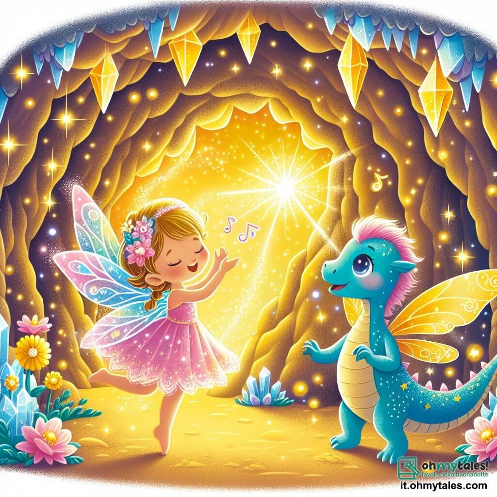 Illustrazione che rappresenta una caverna magica, illuminata da cristalli scintillanti dai colori vivaci, con fiori luminescenti che adornano l'ingresso. All'interno, una piccola fata con ali rosa luccicanti e capelli dorati fluttuanti danza gioiosamente cantando, circondata da una dolce luce dorata che emana da una stella brillante. Accanto a lei, un piccolo drago blu con squame brillanti e occhi scintillanti di eccitazione la osserva sorridendo, pronto ad aiutarla nella loro missione. La scena cattura il momento in cui cantano insieme per attivare la magia della Stella d’Oro, creando un'atmosfera di gioia e amicizia. Scintille dorate fluttuano attorno a loro, aggiungendo un tocco di magia all'intera illustrazione.