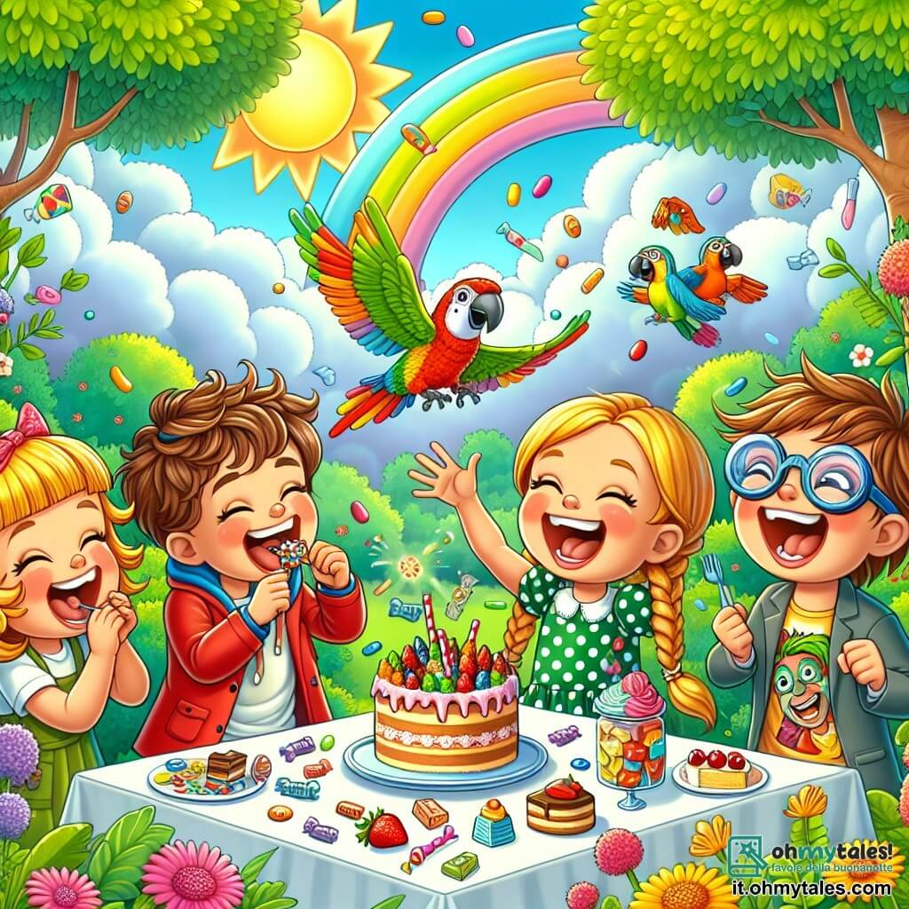 Illustrazione che rappresenta un parco soleggiato, pieno di verde brillante e fiori colorati. Al centro, un gruppo di quattro bambini: un ragazzo di circa 8 anni con capelli castani spettinati, che indossa un mantello rosso e una maschera di supereroe di plastica, che ride a crepapelle. Accanto a lui, una ragazza di circa 7 anni con capelli biondi intrecciati, vestita con un vestito a pois, che applaude gioiosamente. Un altro ragazzo, un po' più grande, di circa 9 anni, con occhiali e una maglietta umoristica, che mimica un gesto eroico con un sorriso malizioso. Infine, un pappagallo colorato, con piume verdi e gialle, che vola intorno a loro, incoraggiandoli con entusiasmo. La scena principale mostra i bambini mentre partecipano a un concorso divertente per mangiare dolci, con caramelle e torte sparse attorno a loro. Dallo sfondo emergono risate e un'atmosfera gioiosa, con nuvole soffici nel cielo blu e alberi maestosi, creando un'atmosfera ludica e incantata.