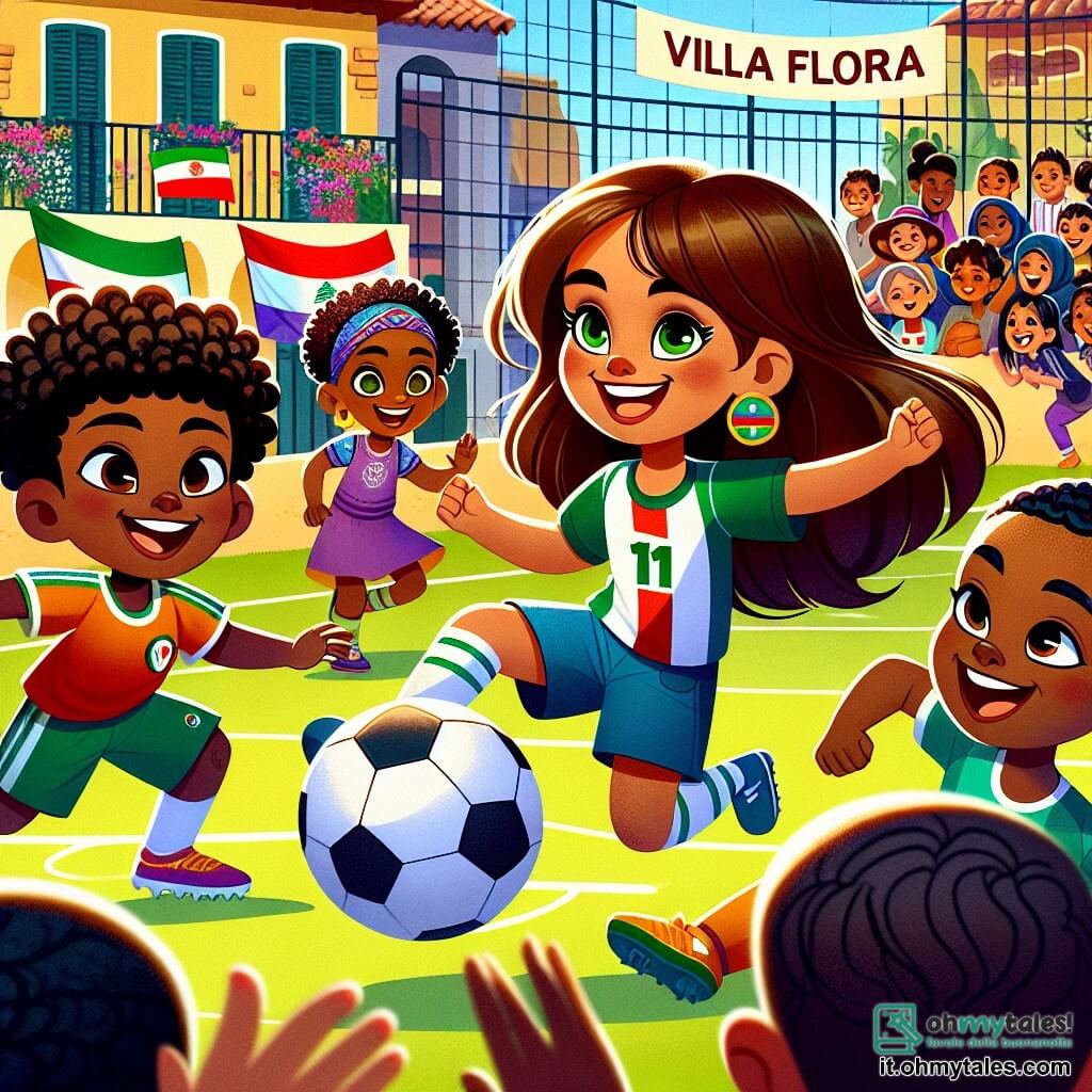Une illustration sous forme de dessin destinée aux enfants représentant un parc vibrant de couleurs à Villaflora, où une fille de 11 ans aux longs cheveux bruns et aux yeux verts, souriante et pleine d'énergie, joue au football avec un groupe d'enfants de différentes origines : un garçon libanais au teint olive qui rit aux éclats, une fille éthiopienne aux cheveux crépus et à la peau foncée qui dribble le ballon, et un garçon d'origine asiatique qui applaudit depuis le côté, illustrant ainsi la joie de l'inclusion et de l'amitié dans un cadre festif et diversifié.