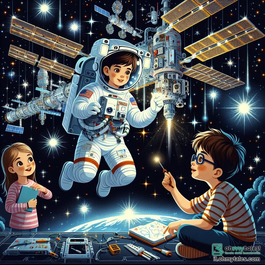 Illustrazione che rappresenta una scena affascinante nello spazio, dove una stazione spaziale galleggiante brilla sotto la luce delle stelle. La stazione è circondata da pannelli solari scintillanti e moduli colorati, il tutto su uno sfondo di un cielo nero profondo punteggiato di stelle luccicanti. In primo piano, un uomo in tuta spaziale bianca, con un casco trasparente che riflette le stelle, fluttua in assenza di gravità. Ha capelli castani e occhi pieni di determinazione. Le sue mani sono impegnate a maneggiare strumenti per riparare un pannello di comunicazione, mostrando un'espressione di intensa concentrazione. Nelle vicinanze, due bambini, una ragazza di circa 10 anni con capelli biondi e occhiali, e un ragazzo di circa 9 anni con capelli castani arruffati, osservano con meraviglia. La ragazza tiene un piccolo taccuino da disegno, mentre il ragazzo indica il lavoro dell'astronauta, gli occhi brillanti di eccitazione. La situazione principale mostra l'astronauta intento a riparare il sistema di comunicazione della stazione, mentre i bambini, affascinati, assistono a quest'incredibile avventura, simboleggiando speranza e ispirazione per le future generazioni di esploratori. Sullo sfondo, stelle scintillanti e una dolce luce della Terra aggiungono un tocco magico a questa scena spaziale.