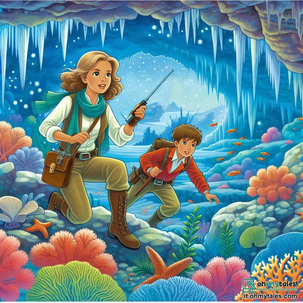 Une illustration destinée aux enfants représentant une archéologue passionnée, accompagnée d'un jeune apprenti, explorant une grotte sous-marine aux eaux cristallines, ornée de coralli colorés et d'algues dansantes, à la recherche de trésors antiques.