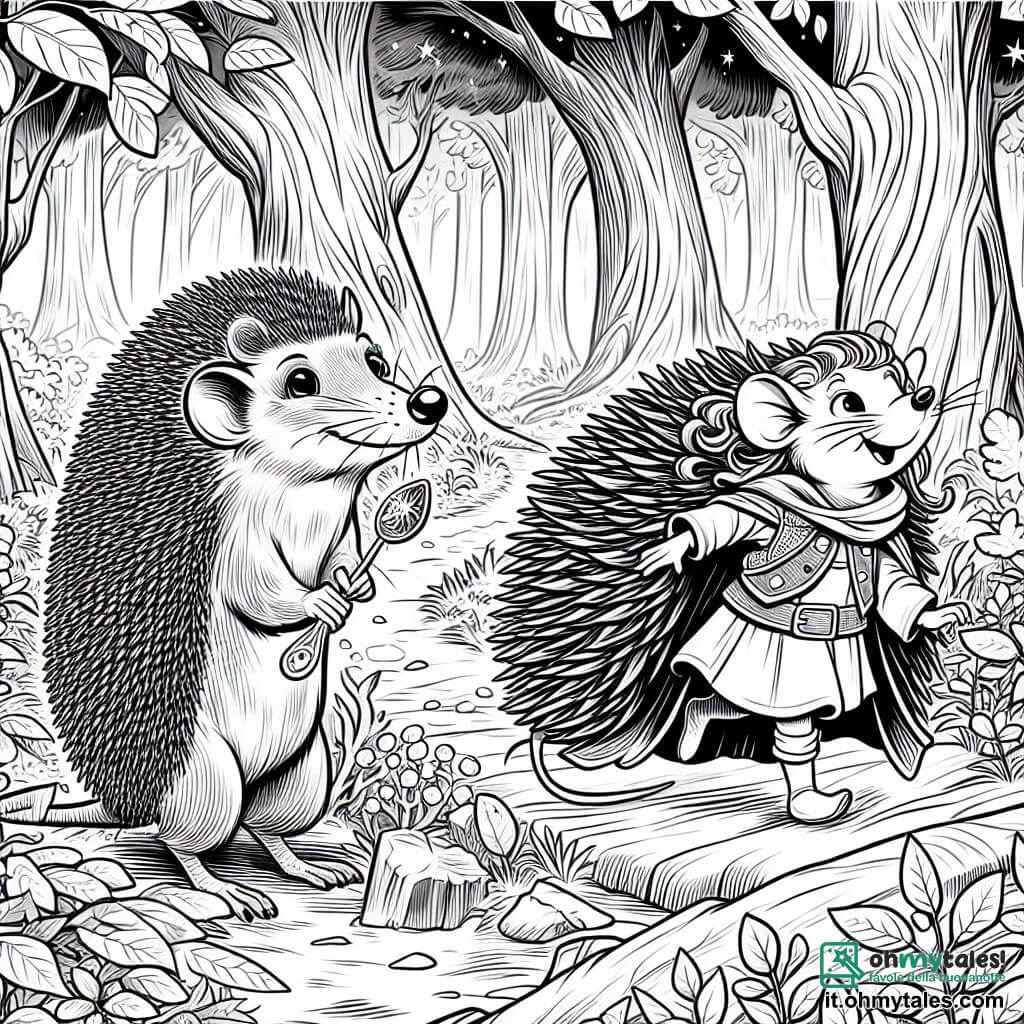 Une illustration destinée aux enfants représentant une jeune ratte malicieuse se lançant dans une aventure pour résoudre un mystère, accompagnée de son fidèle ami hérisson aux piquants brillants, dans un bosquet enchanté où les arbres semblent murmurer des secrets anciens.
