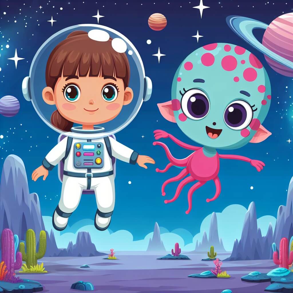 Une illustration destinée aux enfants représentant une jeune femme astronaute, flottant dans l'espace parmi les étoiles scintillantes, accompagnée d'une adorable créature extraterrestre aux couleurs vives, sur un magnifique planète lointaine avec des paysages fantastiques et des créatures étranges.