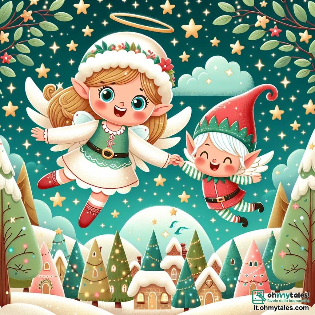 Une illustration destinée aux enfants représentant une fillette aux ailes d'ange, volant joyeusement avec un elfe au cappello rosso, dans un village incanté entouré d'arbres dansant et de stelline lumineuses.