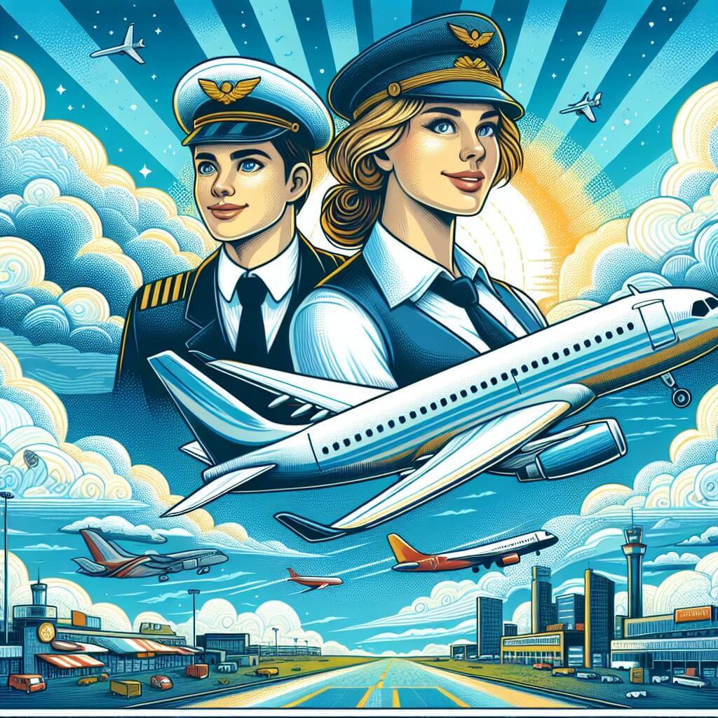 Une illustration destinée aux enfants représentant un pilote d'avion, plein d'audace, aux côtés de son fidèle copilote, survolant un ciel d'un bleu éclatant parsemé de nuages moelleux, tandis que l'aéroport animé et coloré se déploie en contrebas.