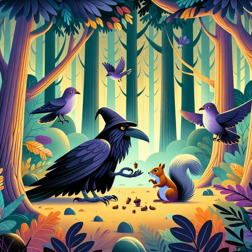 Une illustration destinée aux enfants représentant un corbeau sage et malicieux, confronté à un petit écureuil qui cherche désespérément à protéger ses précieuses ghiandes, dans une forêt enchantée aux arbres majestueux et aux couleurs chatoyantes.
