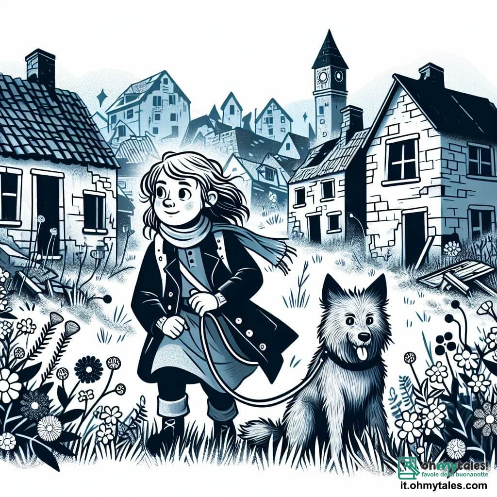 Une illustration destinée aux enfants représentant une fillette courageuse, accompagnée de son fidèle chien, explorant un village mystérieux et abandonné, où des fleurs sauvages poussent entre les maisons en ruine, créant une atmosphère à la fois magique et un peu effrayante.
