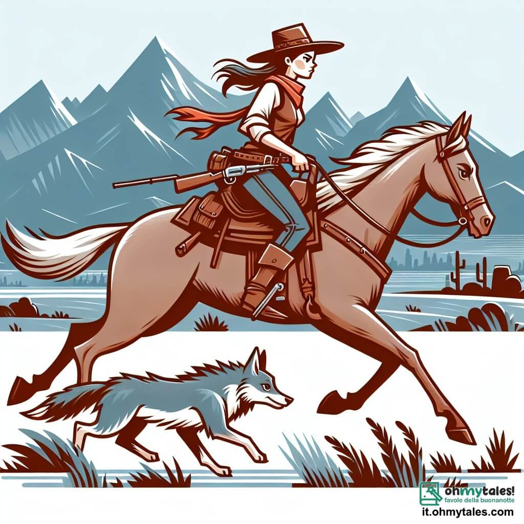 Une illustration destinée aux enfants représentant une cowgirl intrépide chevauchant son fidèle destrier à travers les vastes prairies de l'Ouest sauvage, accompagnée d'un petit loup curieux, à la recherche du mystère caché derrière la majestueuse Collina Nera.