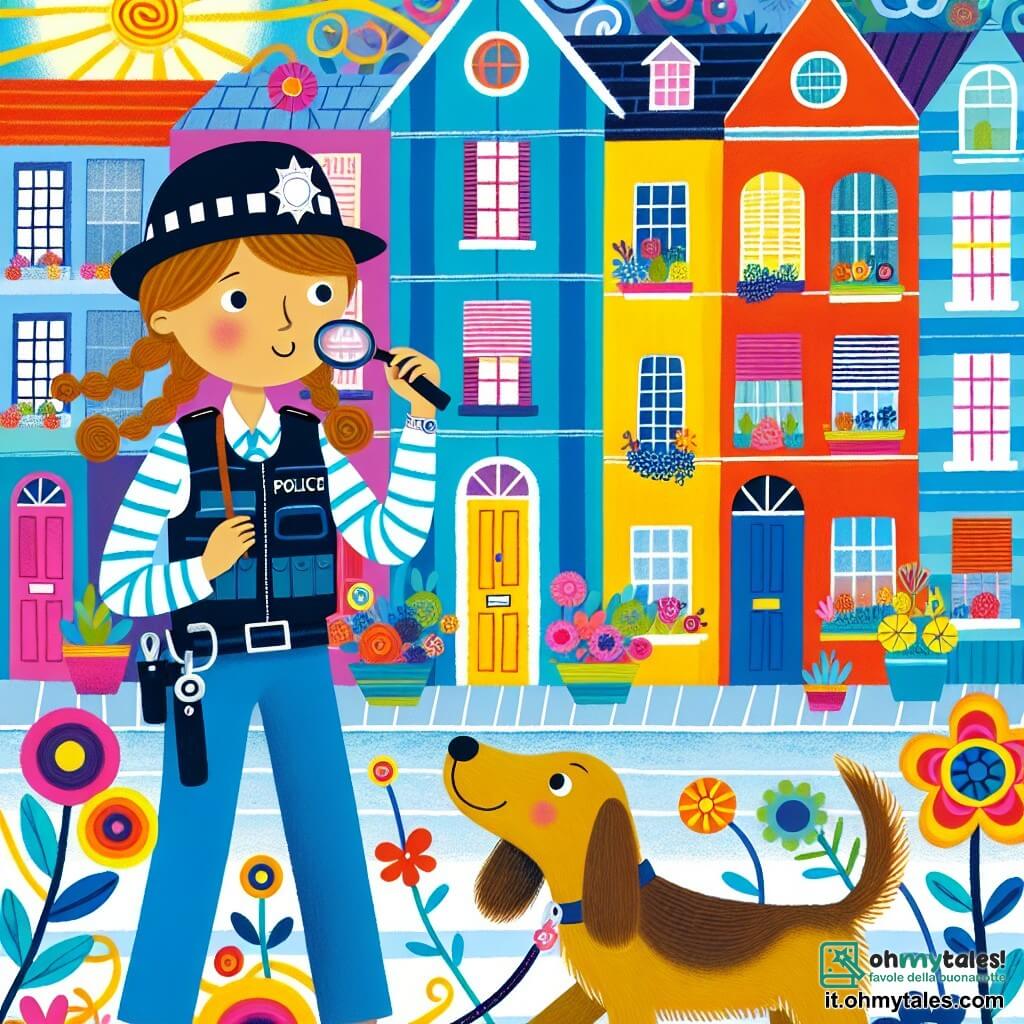 Une illustration destinée aux enfants représentant une jeune policière intrépide, résolvant un mystère avec l'aide de son fidèle compagnon à quatre pattes, dans le quartier coloré et animé d'une ville ensoleillée, rempli de maisons aux volets colorés et de fleurs virevoltantes.