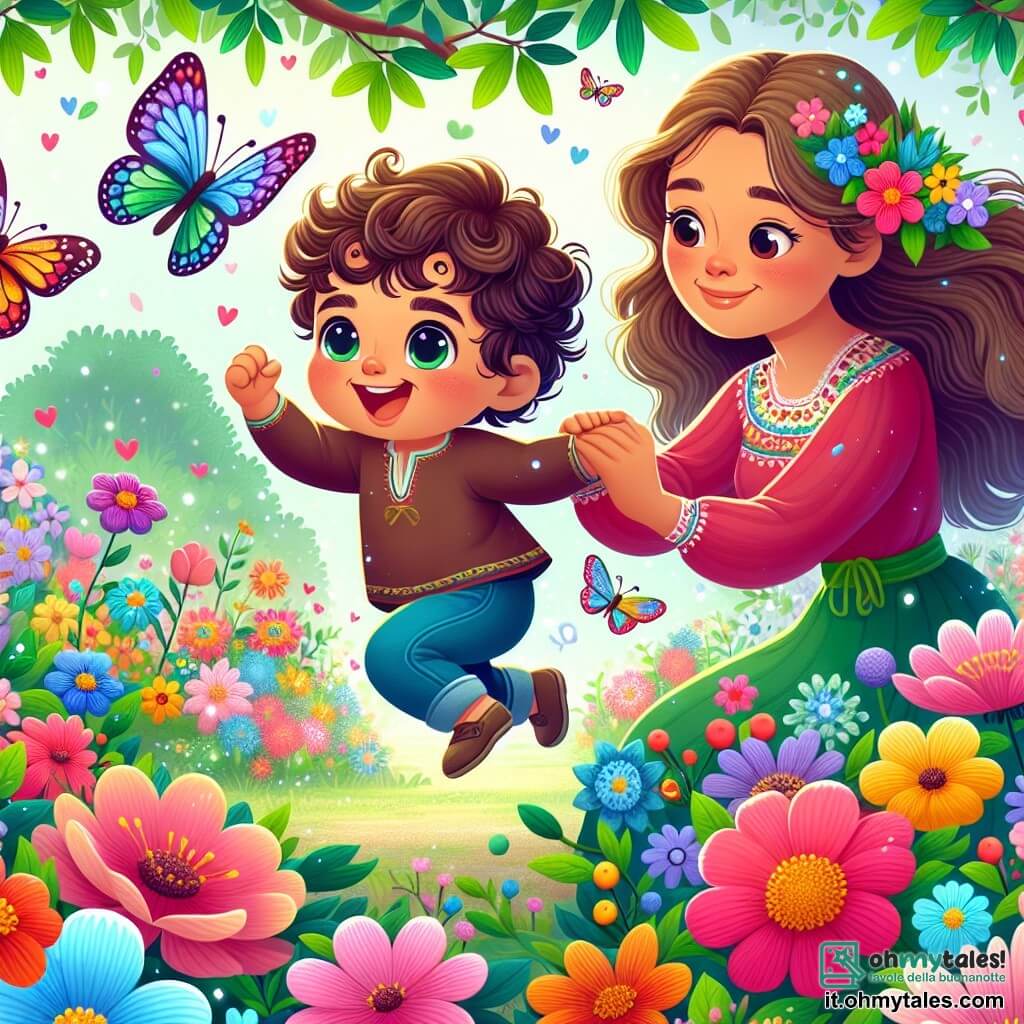 Une illustration sous forme de dessin destinée aux enfants représentant un jardin en pleine floraison au printemps, avec un garçon de 1 an aux cheveux bouclés et aux yeux pétillants, qui court joyeusement parmi les fleurs colorées, tandis qu'une maman souriante, aux cheveux longs et bruns, le regarde avec tendresse, et des papillons multicolores dansent autour d'eux, créant une atmosphère joyeuse et enjouée, symbolisant l'émerveillement et la beauté de la saison.