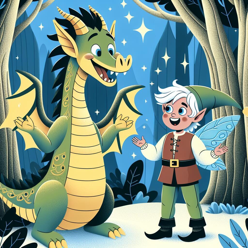 Une illustration destinée aux enfants représentant un dragon farceur qui se retrouve dans une situation hilarante avec un petit lutin espiègle dans une forêt enchantée, où les arbres aux couleurs chatoyantes dansent au rythme des éclats de rire.