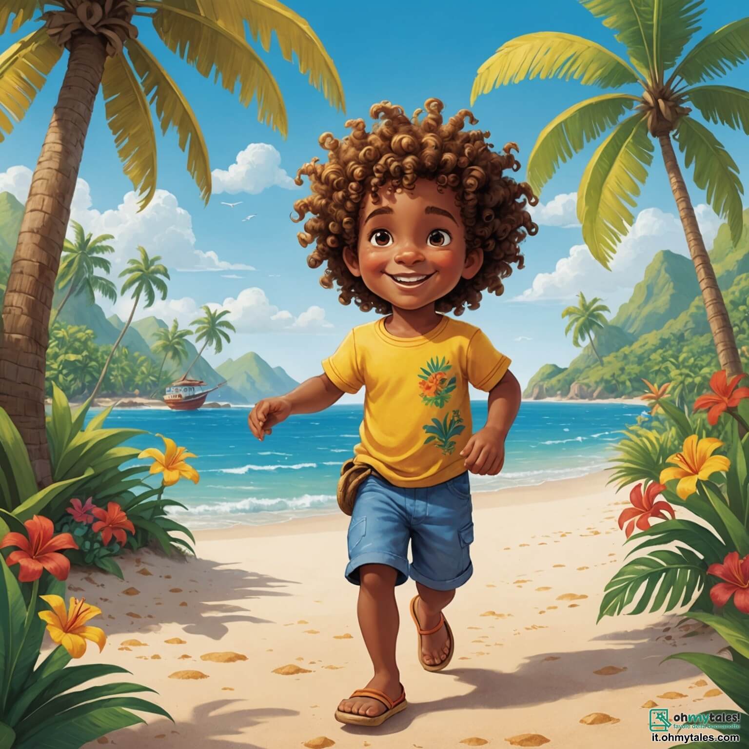 Une illustration destinée aux enfants représentant un petit garçon de deux ans, aux cheveux bouclés et aux yeux pétillants de curiosité, qui, avec son sourire espiègle, se lance dans une grande aventure au cœur d'une île tropicale parsemée de palmiers dansants, de fleurs colorées et de plages dorées, où il est accompagné de sa courageuse amie, une petite fille intrépide aux tresses ensoleillées, alors qu'ils cherchent ensemble leur ami perdu, un petit garçon aux rires contagieux, tout en explorant des grottes mystérieuses et en traversant des sentiers bordés de feuillages luxuriants, illuminés par le doux soleil qui filtre à travers les branches.