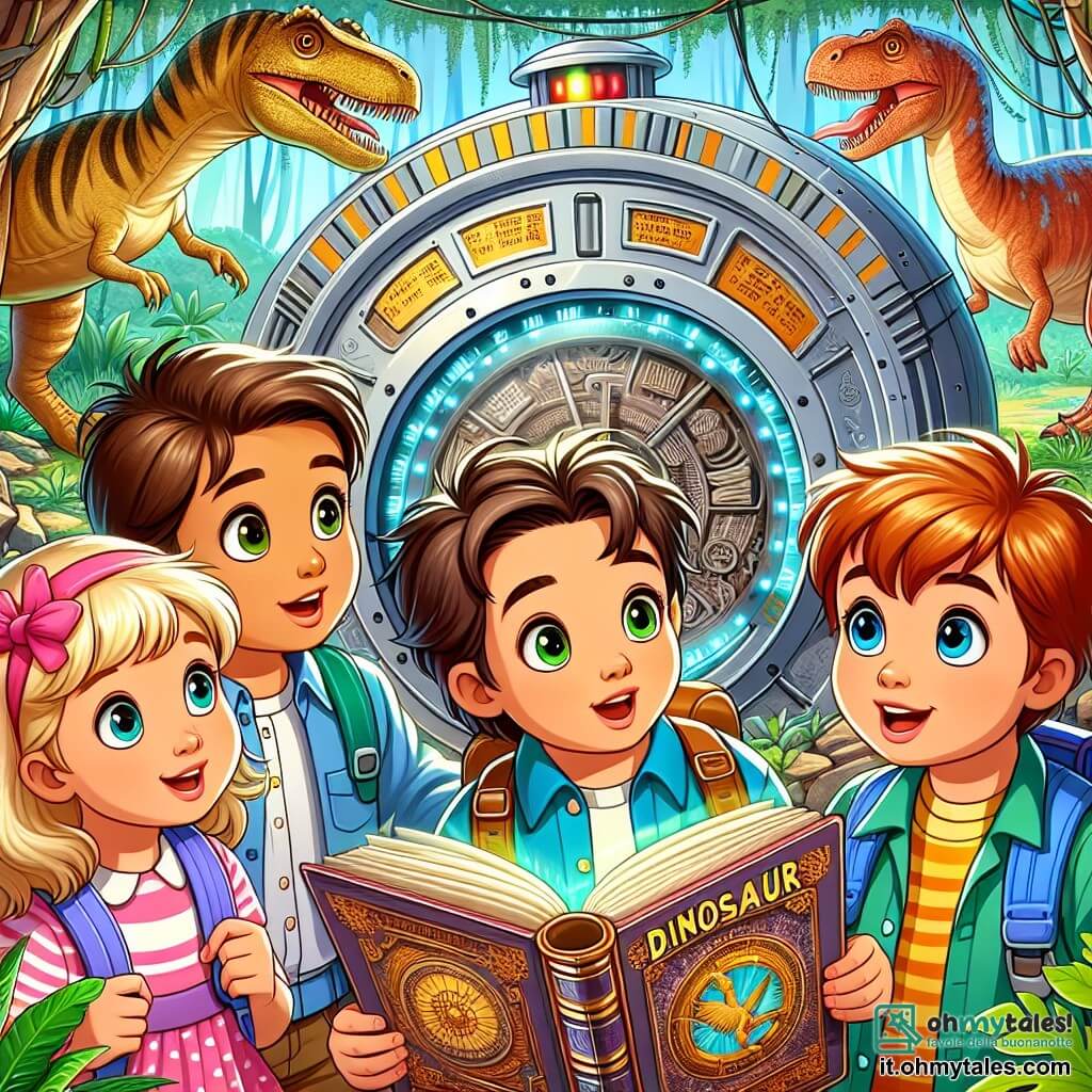 Une illustration sous forme de dessin destinée aux enfants représentant un groupe de quatre enfants de sept ans, deux garçons aux cheveux bruns et aux yeux pétillants, et deux filles aux cheveux blonds et roux, émerveillés devant une mystérieuse machine du temps en métal ornée de symboles anciens, au milieu d'une jungle luxuriante remplie de dinosaures majestueux, où ils viennent de découvrir un livre sur les dinosaures, illustrant leur incroyable aventure à travers le temps.