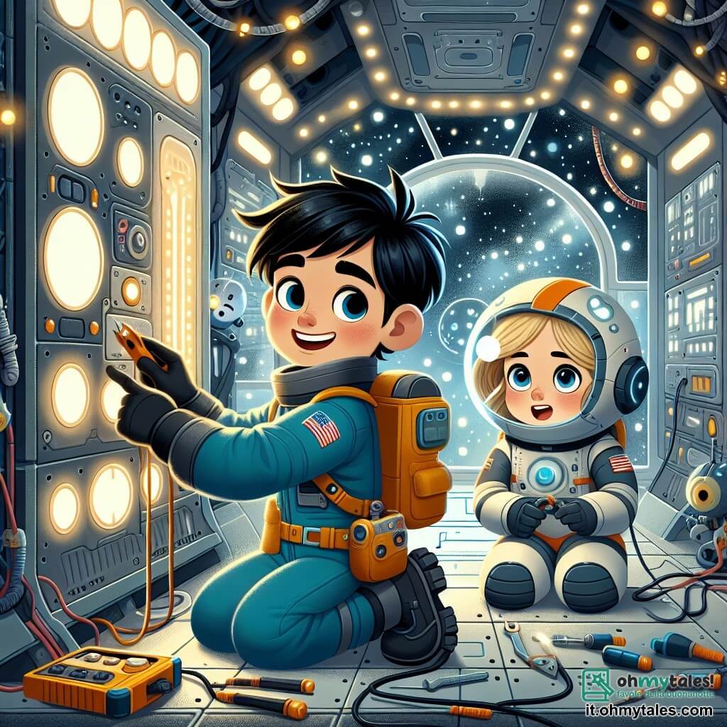 Une illustration sous forme de dessin destinée aux enfants représentant l'intérieur d'une station spatiale futuriste avec des lumières scintillantes et des panneaux technologiques, où un jeune homme aux cheveux noirs et au sourire contagieux, vêtu d'une combinaison spatiale bleue, utilise des outils pour réparer un panneau endommagé, tandis qu'une jeune fille courageuse, avec des cheveux blonds et une expression déterminée, le regarde attentivement, et un robot aux formes arrondies et aux yeux lumineux les aide en tenant des outils, le tout dans une atmosphère d'urgence et d'entraide, alors qu'ils s'efforcent de sauver des personnes piégées à l'intérieur.