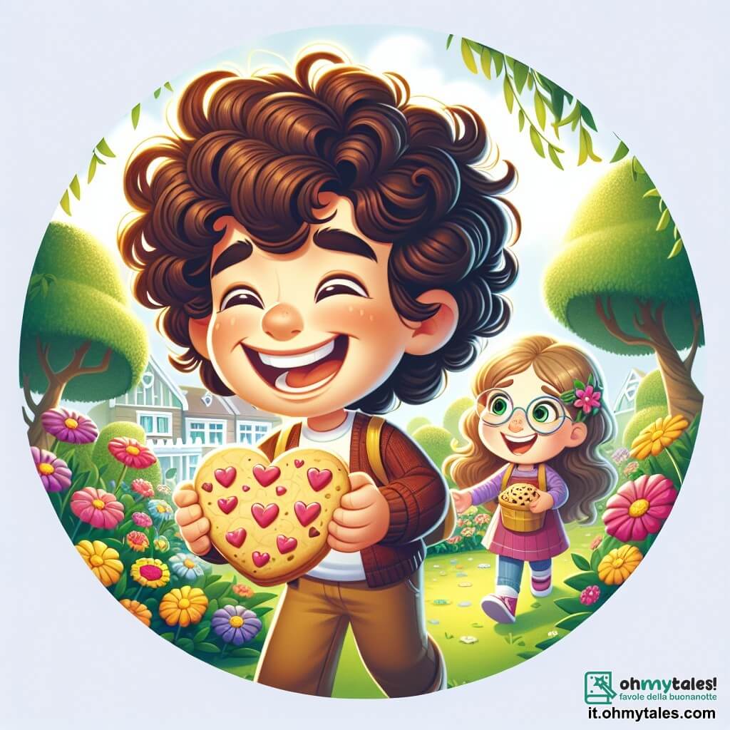 Une illustration destinée aux enfants représentant un garçon aux cheveux bouclés et au sourire éclatant, débordant d'énergie et d'enthousiasme, qui, en ce jour de Saint-Valentin, se prépare à partager des biscuits en forme de cœur avec sa meilleure amie, une fille pleine de créativité, dans un charmant parc de Fiorilandia, où des fleurs colorées dansent sous la brise légère et où des arbres majestueux offrent de l'ombre aux rires des enfants.