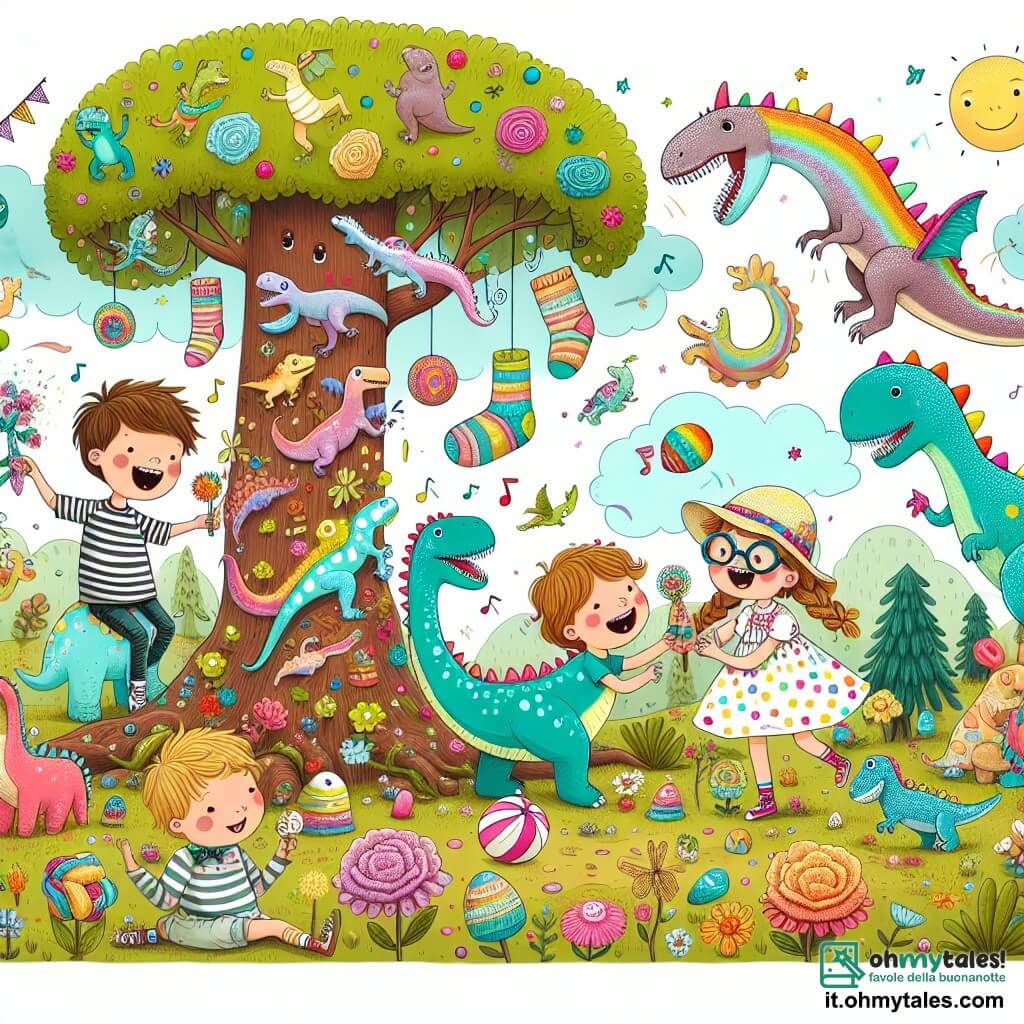 Illustrazione che rappresenta un giardino incantato pieno di dinosauri in miniatura e draghi colorati. Gli alberi hanno volti sorridenti e cantano melodie gioiose, mentre fiori multicolori danzano al ritmo del vento. Al centro della scena, un ragazzo di circa 10 anni, con capelli castani disordinati e una maglietta a righe, ride mentre gioca con un piccolo T-Rex che gli lecca la mano. Accanto a lui, una ragazza di 9 anni, con capelli biondi intrecciati e un vestito a pois, sorride tenendo un calzino gigante decorato di paillettes. Dietro di loro, un altro ragazzo di circa 11 anni, con occhiali e una camicia a quadri, si prepara a lanciare una palla ridendo, mentre una bambina di 8 anni, con occhiali da sole e un cappello colorato, osserva curiosa un brontosauro che si piega per guardarli. La scena principale mostra i bambini che si divertono insieme in questo mondo fantastico, circondati da dinosauri giocosi e calzini volanti, creando un'atmosfera di gioia e assurdità. Nuvole a forma di caramelle fluttuano nel cielo blu, aggiungendo un tocco di magia a questa scena ludica.