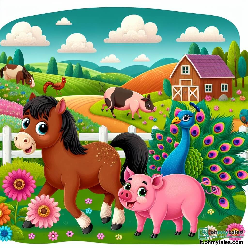 Une illustration destinée aux enfants représentant un joyeux cheval marron, un cochon rose et un paon multicolore vivant des aventures amusantes dans une ferme enchantée entourée de champs verdoyants et de collines fleuries.