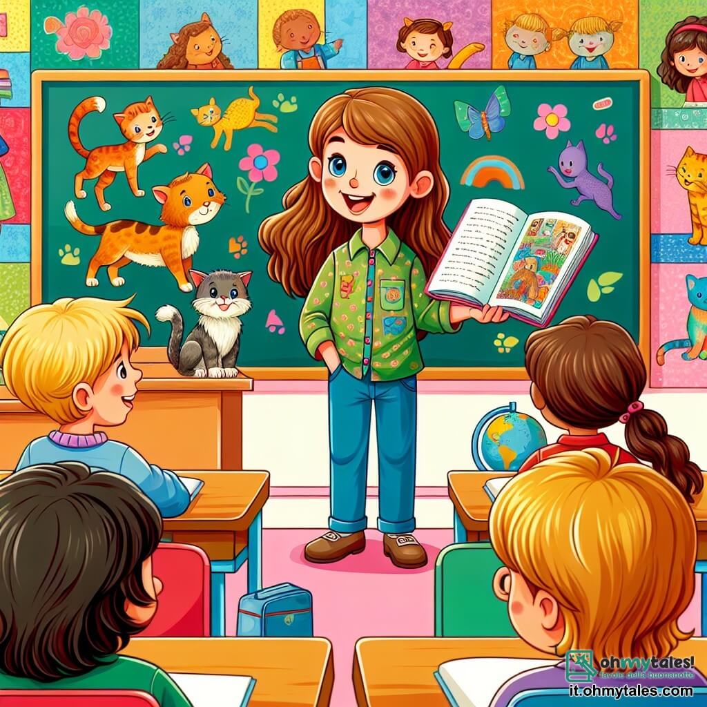 Une illustration sous forme de dessin destinée aux enfants représentant une salle de classe colorée, avec des murs décorés de dessins d'enfants et un tableau noir, où une petite fille de 7 ans aux longs cheveux bruns et aux yeux bleus, souriante et pleine de curiosité, se tient devant ses camarades, tenant un livre sur les chats, tandis qu'un garçon aux cheveux blonds et aux lunettes, assis à son bureau, l'écoute attentivement, illustrant un moment de partage et d'apprentissage dans une ambiance joyeuse et amicale.