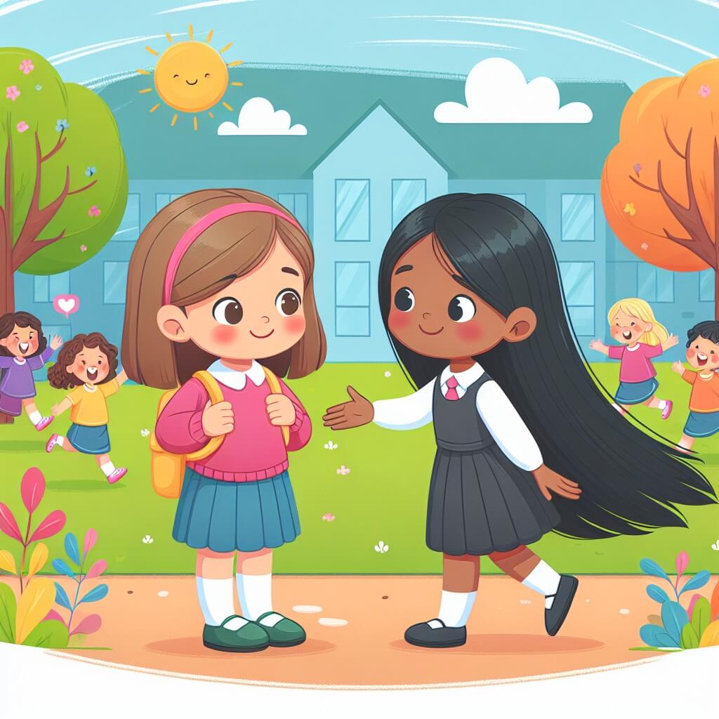 Une illustration destinée aux enfants représentant une jeune fille timide dans une nouvelle école, se liant d'amitié avec une fille aux longs cheveux noirs dans une cour d'école ensoleillée avec des arbres colorés et des enfants qui jouent joyeusement.