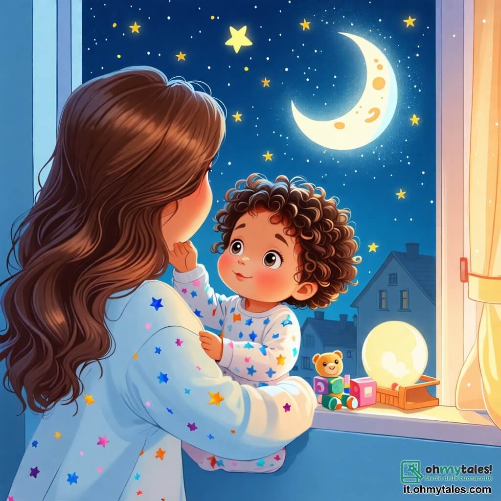 Une illustration sous forme de dessin destinée aux enfants représentant une chambre douillette avec des murs peints en bleu pastel, où une petite fille de 2 ans aux cheveux bouclés et aux yeux pétillants, portant un pyjama étoilé, regarde avec curiosité par la fenêtre, émerveillée par la lune brillante et les étoiles scintillantes dans le ciel nocturne, tandis que sa maman, une femme douce aux cheveux longs et bruns, la serre tendrement dans ses bras, lui chuchotant des mots réconfortants pour apaiser sa peur du noir, avec des jouets colorés éparpillés sur le sol et une veilleuse en forme de lune qui diffuse une douce lumière.