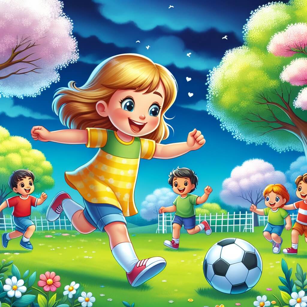 Une illustration destinée aux enfants représentant une petite fille joyeuse, entourée de ses amis, jouant au football ensemble dans un magnifique parc verdoyant avec des arbres fleuris et un ciel bleu azur.