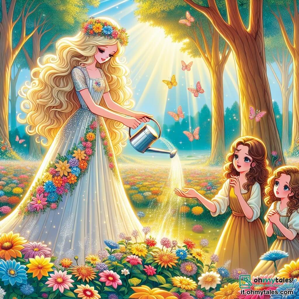 Illustrazione che rappresenta un magnifico giardino incantato, pieno di fiori colorati dai petali scintillanti, dove maestosi alberi dai tronchi dorati si ergono verso un cielo blu cobalto. Al centro, una giovane ragazza dai lunghi capelli dorati, vestita con un abito d'argento decorato con fiori brillanti, si inginocchia per annaffiare fiori delicati, il suo viso che irradia dolcezza e determinazione. Accanto a lei, due ragazze di circa 12 anni, con capelli castani e ricci, vestite con abiti semplici e opachi, osservano con espressioni di gelosia e malcontento, le braccia incrociate. La scena cattura un momento di magia, dove la giovane, piena di bontà, interagisce con la natura, mentre gli altri personaggi, che rappresentano l'invidia, rimangono in disparte. Farfalle colorate volano intorno a loro, aggiungendo un tocco di incanto a questa illustrazione, simboleggiando l'armonia tra la natura e la gentilezza.