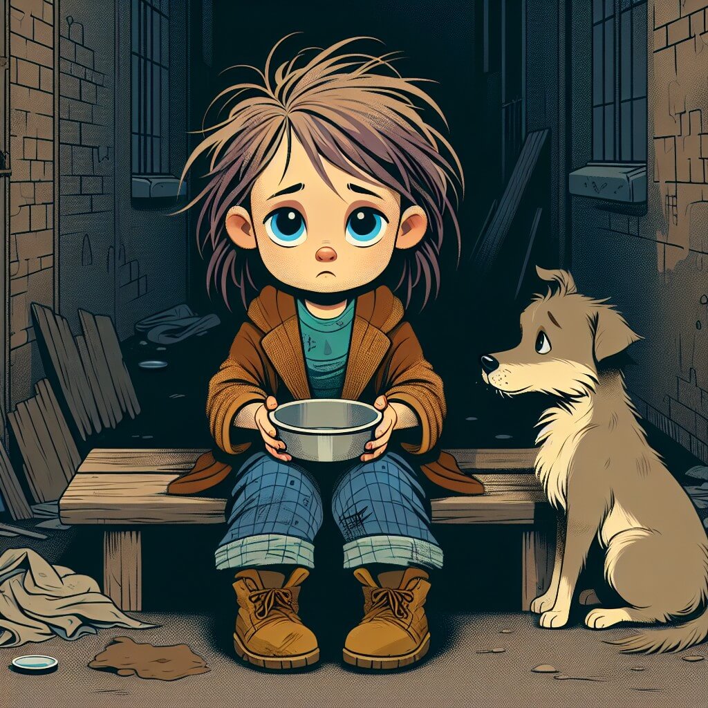 Une illustration destinée aux enfants représentant une jeune fille aux cheveux en désordre et aux vêtements usés, assise sur un banc en bois dans une ruelle sombre et étroite, tenant dans ses mains un bol vide, tandis qu'un chien errant la regarde avec compassion.