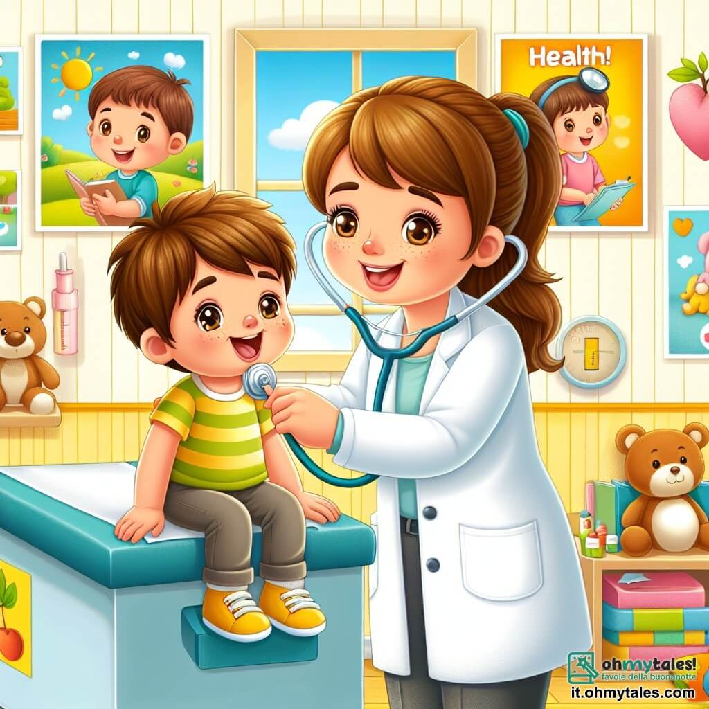 Illustration destinée aux enfants représentant un cabinet médical lumineux et accueillant, avec des murs peints en jaune pastel et des affiches colorées sur la santé. Au centre, une femme médecin souriante, avec des cheveux bruns attachés en chignon, portant un stéthoscope autour du cou et un camice blanc, examine un jeune garçon aux cheveux châtains et aux yeux pétillants, assis sur une table d'examen. Le garçon, un peu inquiet, ouvre grand la bouche pour que la médecin puisse vérifier sa gorge. En arrière-plan, des jouets en peluche et des livres d'images ajoutent une touche chaleureuse à la scène, tandis qu'une fenêtre laisse entrer la lumière du soleil, créant une atmosphère rassurante et joyeuse.