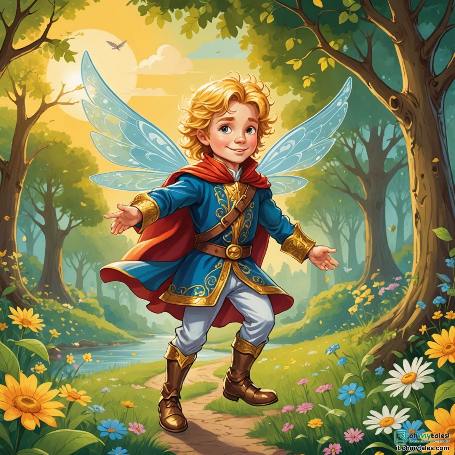 Une illustration destinée aux enfants représentant un prince intrépide aux cheveux dorés scintillant comme le soleil, qui s'apprête à vivre des aventures cocasses dans un royaume enchanté, où les arbres dansent au rythme du vent et les fleurs chantent des mélodies joyeuses, accompagné d'une petite fée espiègle aux ailes chatoyantes, prête à l'aider dans ses péripéties magiques.