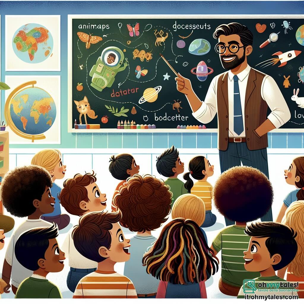 Une illustration destinée aux enfants représentant un instituteur aux lunettes rondes et au sourire éclatant, se tenant devant une grande classe colorée, où les murs sont ornés de dessins d'animaux et de cartes du monde, tandis que des enfants aux cheveux bouclés, blonds et bruns, remplis de curiosité, l'écoutent attentivement, captivés par ses histoires fascinantes sur les métiers, dans une salle de classe lumineuse baignée par la lumière du soleil qui filtre à travers les fenêtres, illuminant les visages joyeux des élèves, dont une fille aux cheveux noirs et une autre aux tresses dorées, qui rêvent de devenir astronautes et médecins, tandis que le tableau noir, couvert de mots écrits à la craie colorée, témoigne de l'amour de l'instituteur pour l'enseignement et de sa passion à éveiller les esprits.