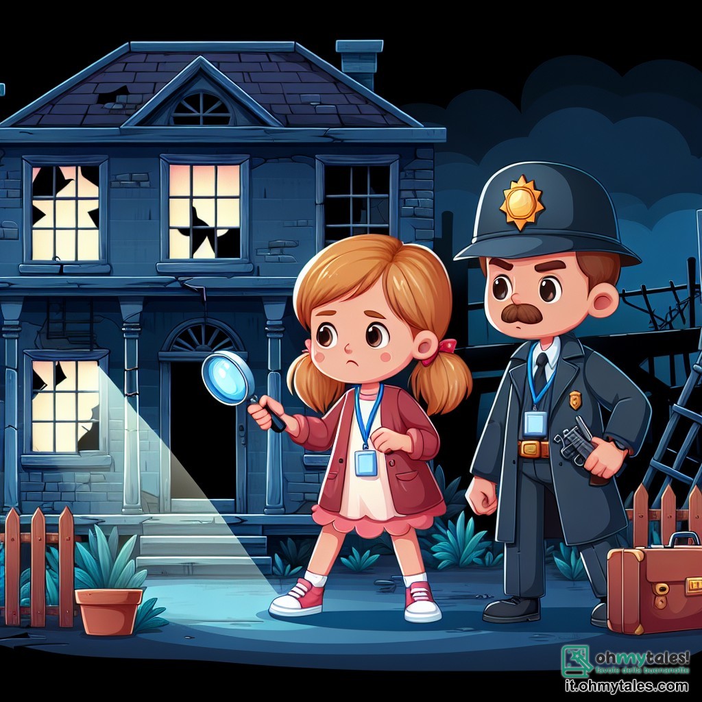Une illustration destinée aux enfants représentant une jeune femme détective, résolvant un mystère avec l'aide d'un policier, dans une villa abandonnée aux fenêtres brisées et aux portes barricadées, émanant une atmosphère sombre et mystérieuse.