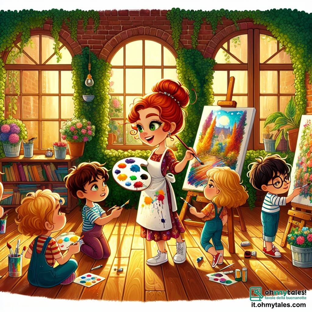 Illustrazione che rappresenta un'affascinante bottega d'artista, con muri in mattoni rossi coperti di vigne verdi. All'interno, il pavimento in legno lucido brilla sotto la luce dorata del sole che filtra attraverso le finestre aperte, illuminando tele colorate appese alle pareti. Al centro della scena, una donna dai capelli rossi vivaci, raccolti in un chignon, è chinata su una grande tela bianca. I suoi occhi verdi brillano di passione mentre mescola colori sulla sua tavolozza, pronta a dare vita alla sua opera. Indossa un grembiule macchiato di vernice, testimone della sua creatività. Intorno a lei, un gruppo di quattro bambini, di circa 8-10 anni, osserva con meraviglia. Una ragazza dai capelli castani e ricci, vestita con un abito colorato, tiene un pennello con entusiasmo. Un ragazzo dai capelli biondi e corti, con una maglietta a righe, guarda attentamente la tela, mentre un'altra ragazza dai capelli lisci e neri, in leggings, abbozza idee su un piccolo quaderno. Un ragazzo con occhiali, con un sorriso curioso, si avvicina alla tavolozza per vedere da vicino i colori. La scena principale mostra la donna che condivide la sua passione per l'arte con i bambini, incoraggiandoli a esprimere la propria creatività aggiungendo i loro tocchi alla tela. Schizzi di vernice colorata decorano il pavimento, e l'atmosfera è piena di gioia e ispirazione. Pennelli, barattoli di vernice e schizzi sparsi intorno a loro aggiungono un tocco vivace a questa scena artistica.