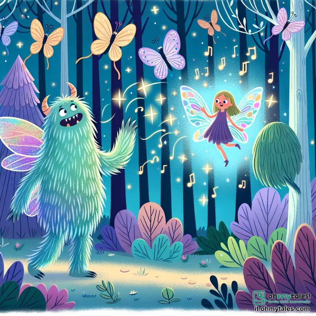 Une illustration destinée aux enfants représentant un monstre au pelage scintillant vivant une aventure magique avec une fée blessée dans une forêt incantée aux arbres brillants de couleurs iridescentes et aux farfalle chantantes.