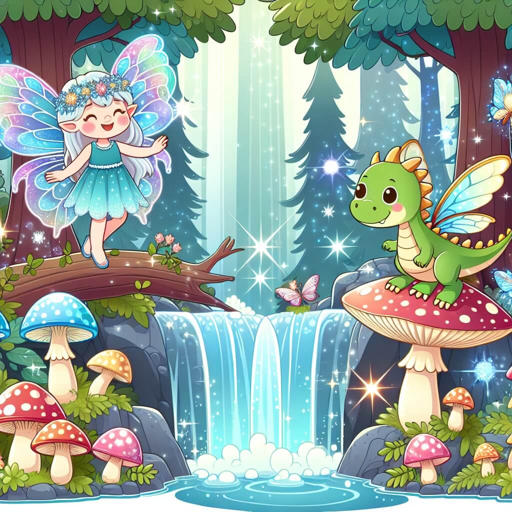 Une illustration destinée aux enfants représentant une fée étincelante, accompagnée d'un dragon facétieux, explorant une forêt enchantée parsemée de champignons lumineux et de cascades cristallines.