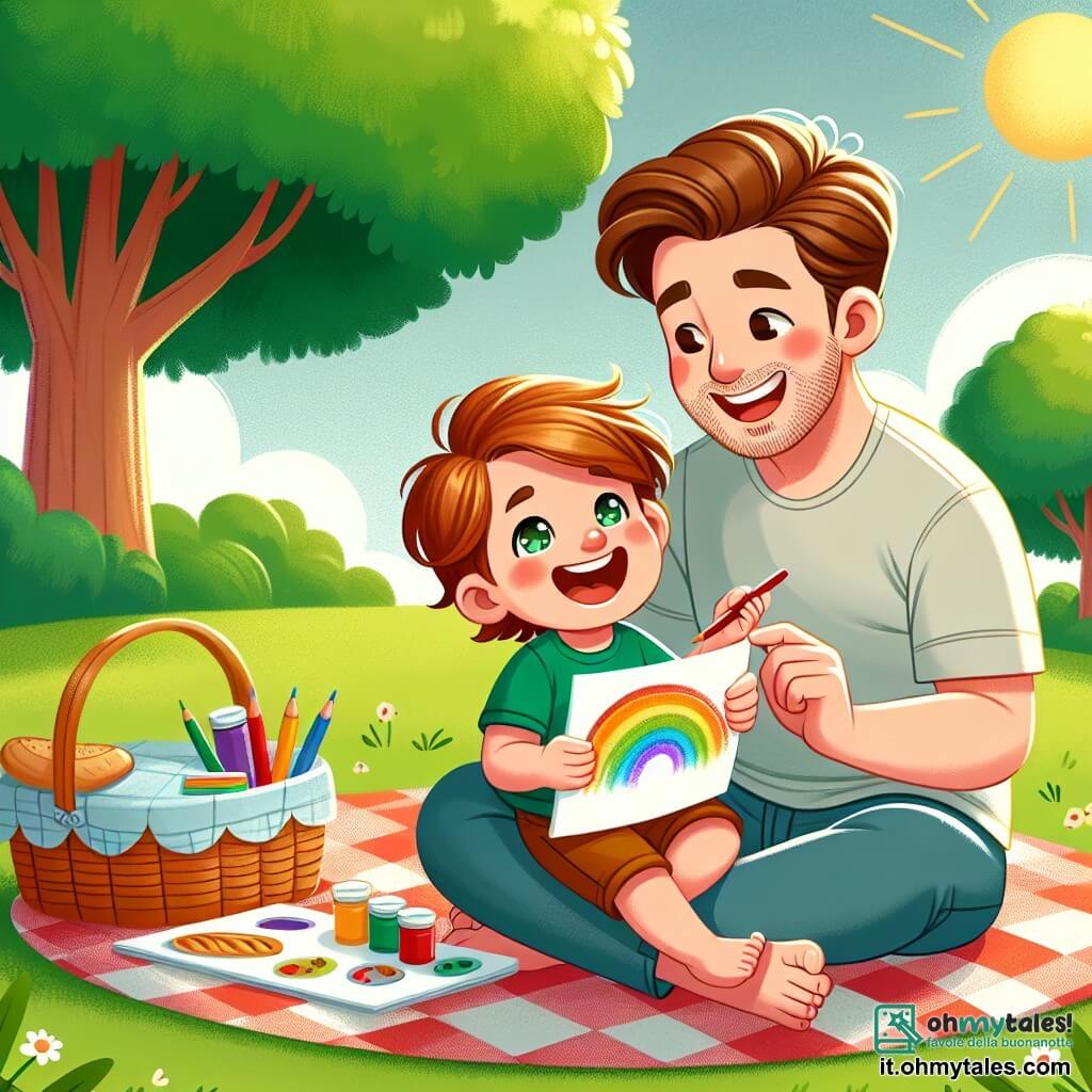 Une illustration sous forme de dessin destinée aux enfants représentant un parc ensoleillé avec un grand arbre vert, où un garçon de 3 ans aux cheveux châtains et aux yeux pétillants, assis sur une couverture à carreaux, tient un dessin coloré dans ses mains et sourit joyeusement, tandis qu'un homme adulte, son père, aux cheveux bruns et à la barbe légère, le regarde avec fierté et tendresse, entourés d'un panier de pique-nique rempli de délicieuses friandises, capturant un moment de bonheur partagé lors de la fête des pères.