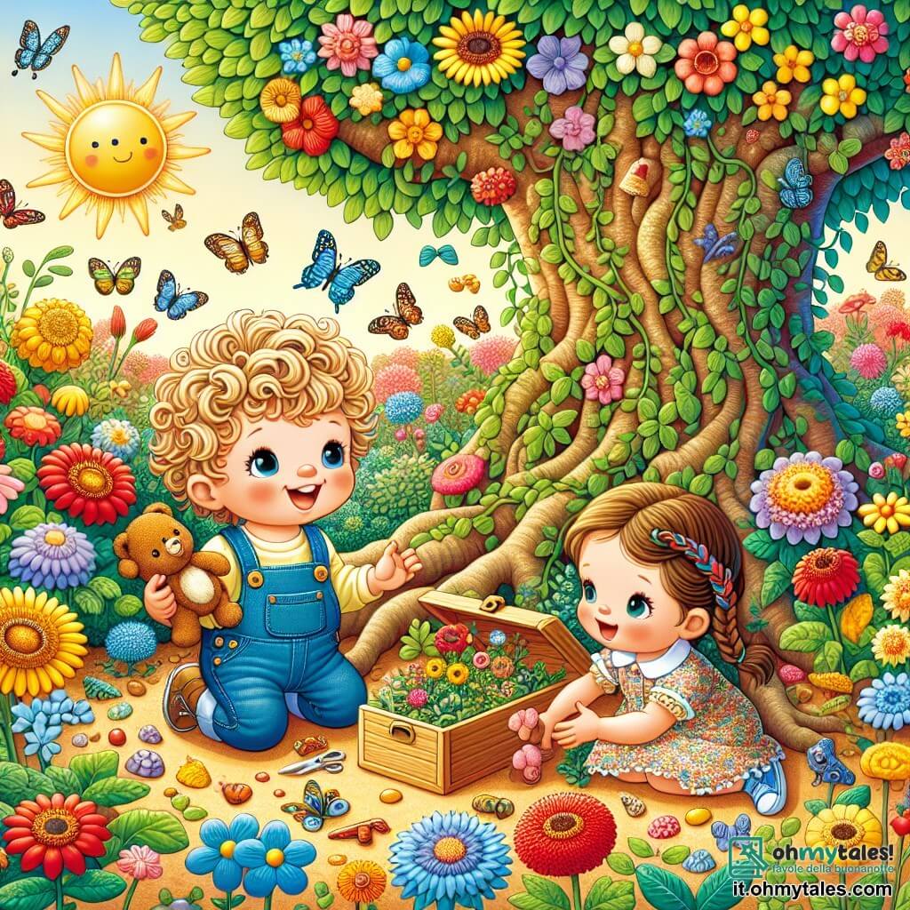Illustrazione che rappresenta un giardino soleggiato, pieno di fiori colorati con petali brillanti di rosso, giallo e blu. Al centro, un grande albero con foglie verdi lussureggianti, le cui radici si estendono sul terreno, creando uno spazio misterioso. Un bambino di 1 anno, con capelli biondi ricci e occhi scintillanti di curiosità, è accovacciato vicino all'albero. Indossa una salopette di denim e un piccolo cappello da esploratore, tenendo nelle sue manine un orsetto di peluche marrone. Nelle vicinanze, una bambina di circa 3 anni, con capelli castani intrecciati e un vestito a fiori, osserva con meraviglia le farfalle che volano intorno a loro. Sorride, con le braccia alzate, come se volesse afferrare una delle belle creature colorate. La scena mostra il bambino che scopre una piccola scatola nascosta sotto le radici dell'albero, con un'espressione di sorpresa e gioia sul volto. Conchiglie colorate sono sparse intorno a lui, aggiungendo un tocco di magia all'illustrazione. Farfalle danzano nell'aria e il sole splende, creando un'atmosfera gioiosa e avventurosa.