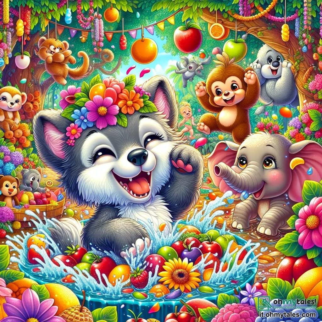 Illustrazione che rappresenta una scena gioiosa in un giardino segreto, pieno di fiori colorati dai petali brillanti e alberi carichi di frutti esotici. Al centro, un lupo dal pelo grigio morbido, con occhi scintillanti di malizia, salta con entusiasmo in una grande piscina di macedonia, schizzando succo di frutta intorno a sé. Nelle vicinanze, un'elefantessa gioiosa, con grandi orecchie e un sorriso splendente, suona con la tromba, mentre una piccola scimmia birichina, con pelo marrone e occhi vivaci, fa acrobazie tra i rami degli alberi. La scena principale mostra il lupo che ride e si diverte, circondato dai suoi amici animali, tutti immersi in un'atmosfera festosa, con risate e colori vivaci che illuminano il giardino. Elementi grafici aggiuntivi includono bolle di succo di frutta scintillanti, ghirlande di fiori sospese e note musicali fluttuanti nell'aria, creando un'atmosfera di festa gioiosa e ludica.