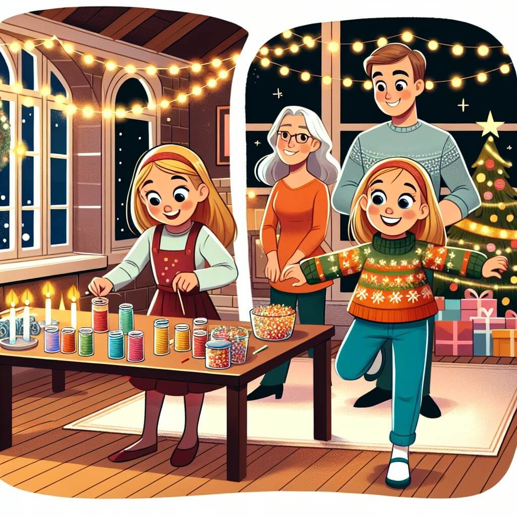 Une illustration destinée aux enfants représentant une jeune fille, pleine d'excitation, en train de préparer une fête du nouvel an avec sa famille, entourée de lucioles scintillantes et de décorations colorées, dans une maison chaleureuse et accueillante.