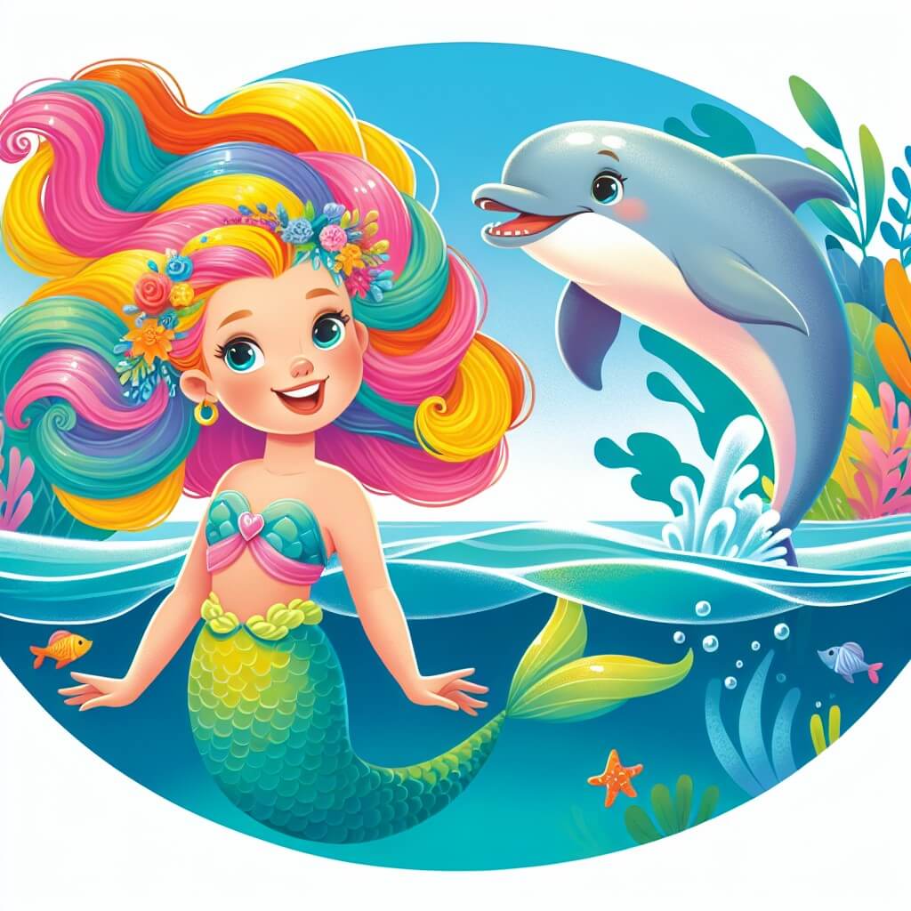 Une illustration destinée aux enfants représentant une magnifique sirène aux cheveux colorés, nageant dans les eaux cristallines d'un lagon enchanté, accompagnée d'un joyeux dauphin qui saute gracieusement à ses côtés.