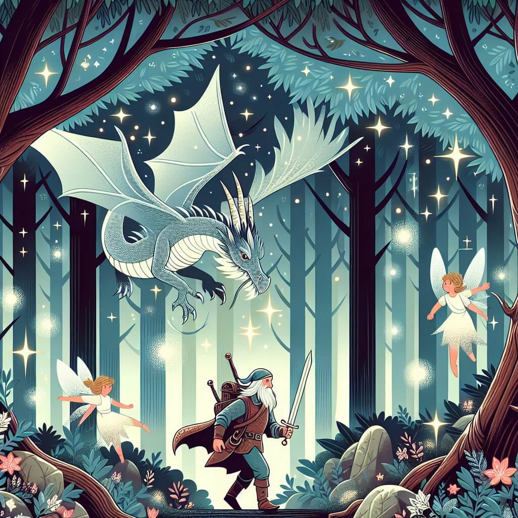 Une illustration destinée aux enfants représentant un homme courageux, perdu dans une forêt enchantée, accompagné d'un dragon majestueux, tandis que des fées dansent parmi les arbres lumineux d'un royaume céleste.