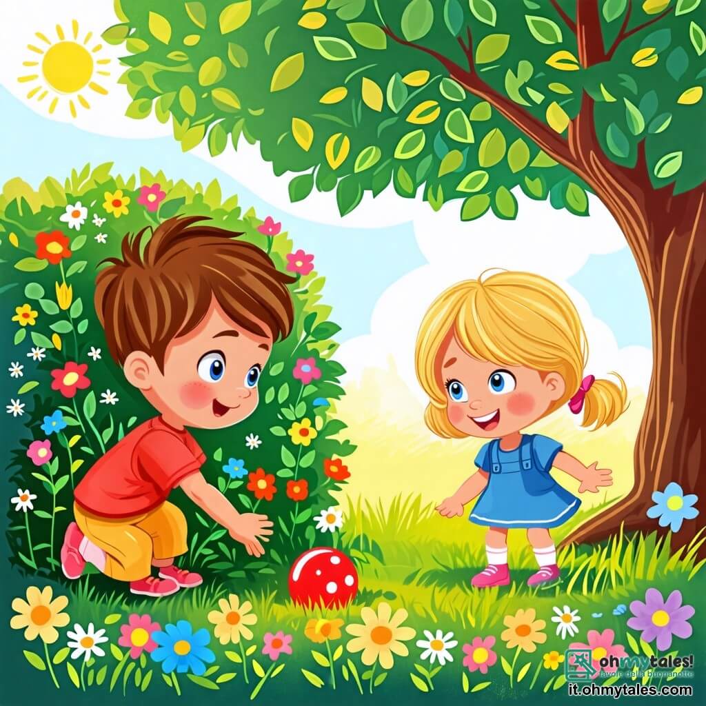 Une illustration sous forme de dessin destinée aux enfants représentant un jardin ensoleillé avec des fleurs colorées et un grand arbre, où un garçon de 2 ans aux cheveux bruns et aux yeux pétillants cherche sa petite balle rouge sous un buisson, tandis que sa camarade, une fille de 2 ans aux cheveux blonds et aux yeux bleus, l'observe avec un sourire curieux, tous deux plongés dans une enquête joyeuse pour retrouver le jouet disparu.