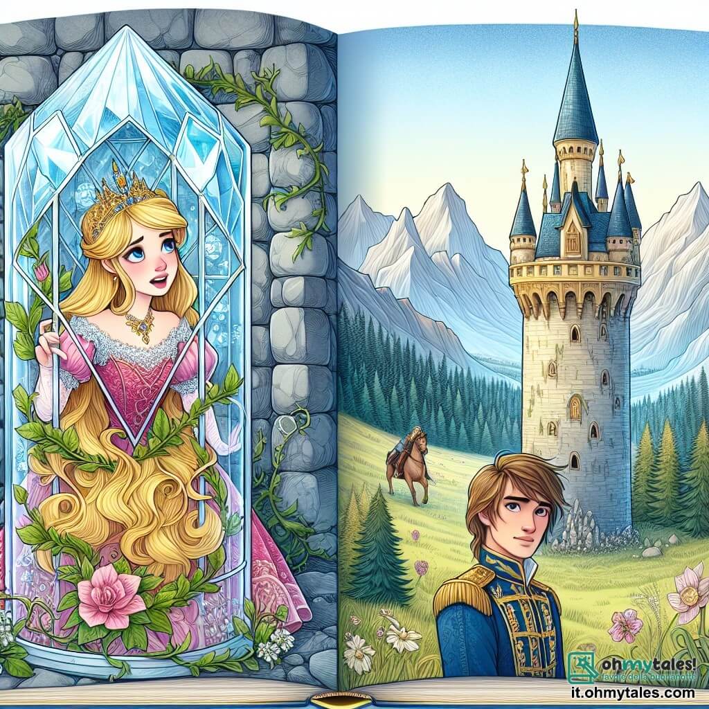Une illustration destinée aux enfants représentant une princesse aux cheveux dorés, prisonnière d'une tour de cristal, accompagnée d'un jeune prince aux yeux bleus, dans un royaume incanté entouré de montagnes majestueuses et de forêts mystérieuses.