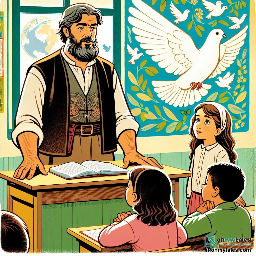Une illustration destinée aux enfants représentant un homme courageux racontant une histoire de guerre à ses élèves, accompagné d'une jeune fille curieuse, dans une salle de classe lumineuse et colorée avec des dessins de colombes et d'oliviers aux murs.