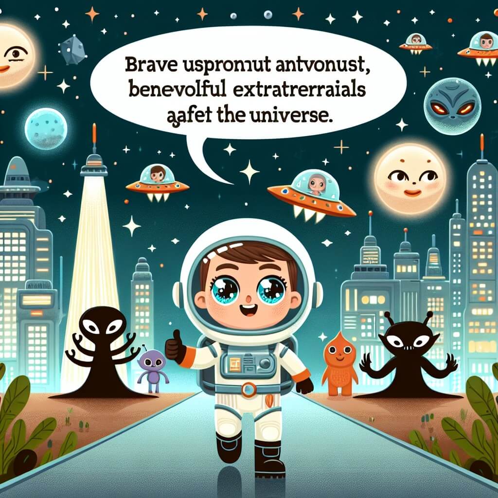 Une illustration destinée aux enfants représentant un astronaute courageux, aux yeux pétillants d'aventure, qui fait équipe avec des extraterrestres bienveillants pour protéger l'univers contre une horde d'aliens maléfiques, dans un monde futuriste où les villes sont illuminées par des gratte-ciel scintillants et les rues sont parcourues de voitures volantes.
