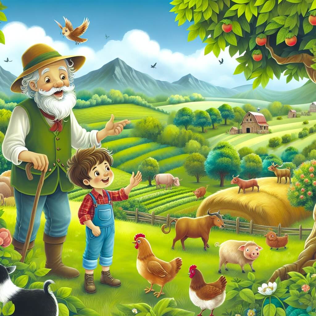 Une illustration destinée aux enfants représentant un jeune garçon curieux, accompagné d'un vieux contadino sage, découvrant un magnifique paysage de campagne avec des champs verdoyants, des arbres majestueux et des animaux joyeux.