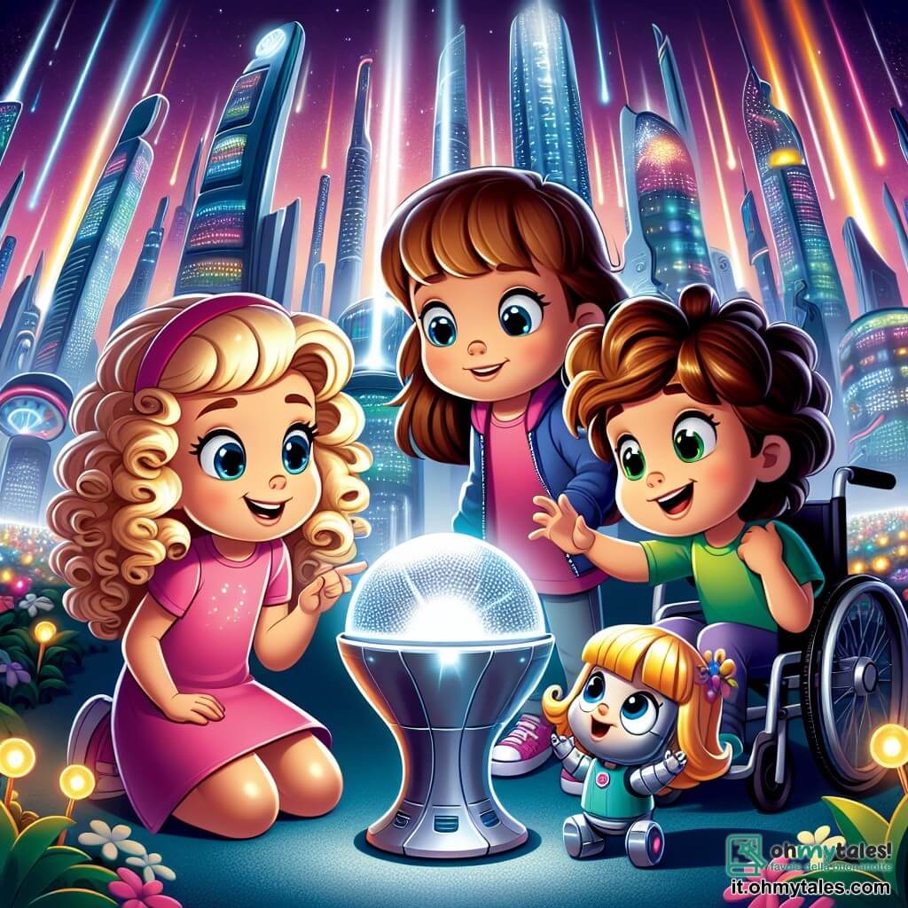Une illustration sous forme de dessin destinée aux enfants représentant un parc futuriste de la ville de Lumina, avec des grattaciels scintillants en arrière-plan et des lumières colorées dansant autour, où un groupe de quatre enfants de 7 ans, deux filles aux cheveux bouclés et blonds, l'une portant une robe rose et l'autre un t-shirt bleu, ainsi qu'un garçon aux cheveux bruns en t-shirt vert et une fille en fauteuil roulant avec un sweat à capuche violet, se penchent avec curiosité sur une sphère argentée brillante, tandis qu'un robot miniature à leurs pieds danse joyeusement, illustrant leur quête pour sauver la ville d'un mystérieux danger.