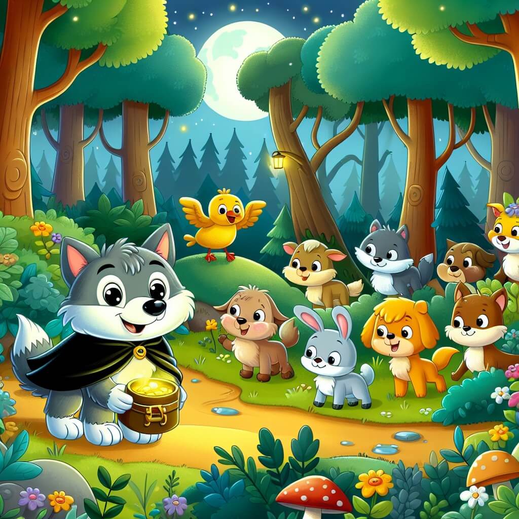 Une illustration destinée aux enfants représentant un loup curieux se trouvant dans une forêt enchantée, accompagné d'animaux joyeux, à la recherche d'un mystérieux trésor caché.